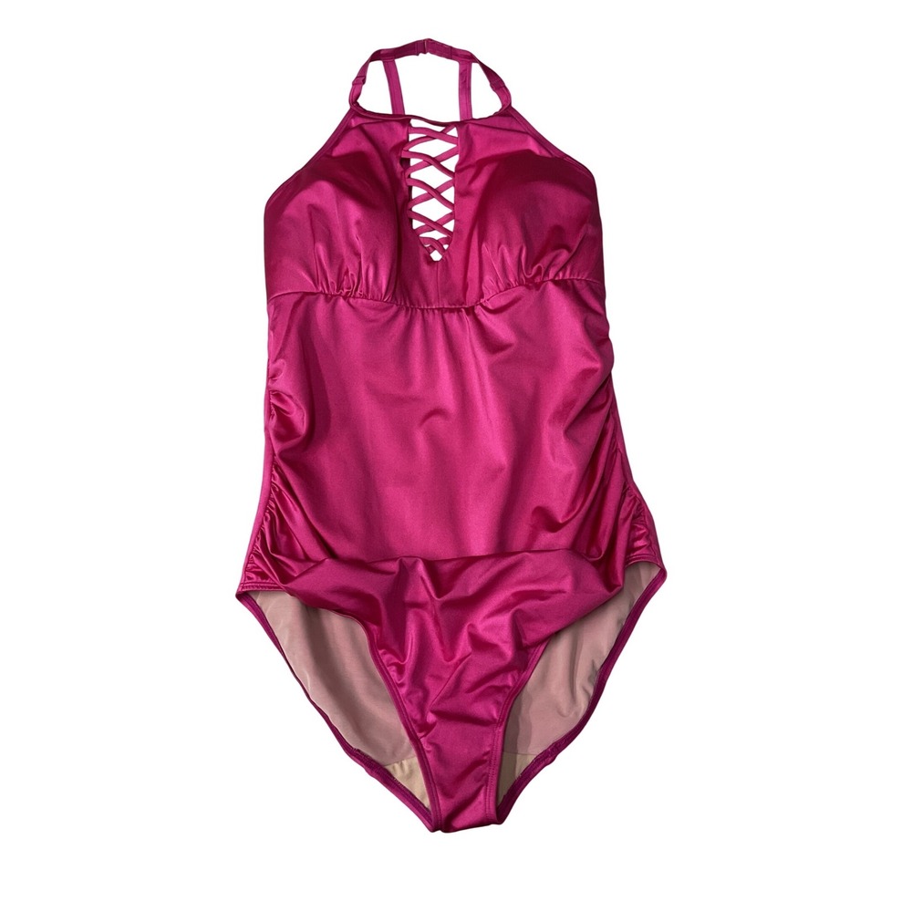 Swim By Cacique Halter Lace-Up Ruched Tummy Control One-Piece Swimsuit‎ Size 20
